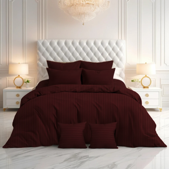 MAROON SATIN STRIPE DUVET COVERS SET 8 PCS