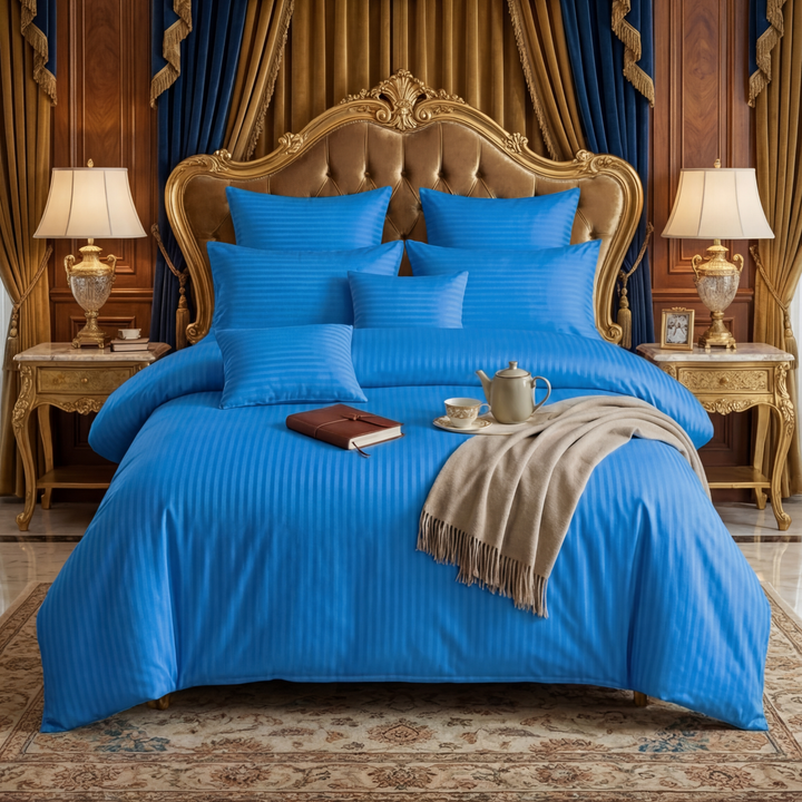 BLUE SATIN STRIPE DUVET COVERS SET 8 PCS