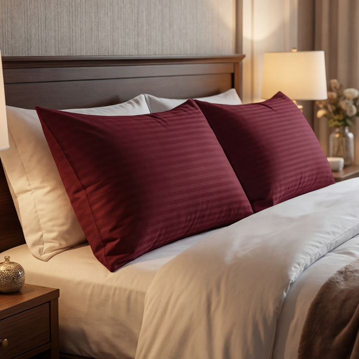 MAROON SATIN STRIPE PILLOW COVERS