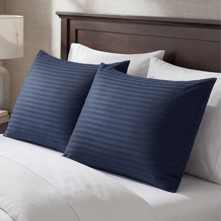 NAVY SATIN STRIPE PILLOW COVERS