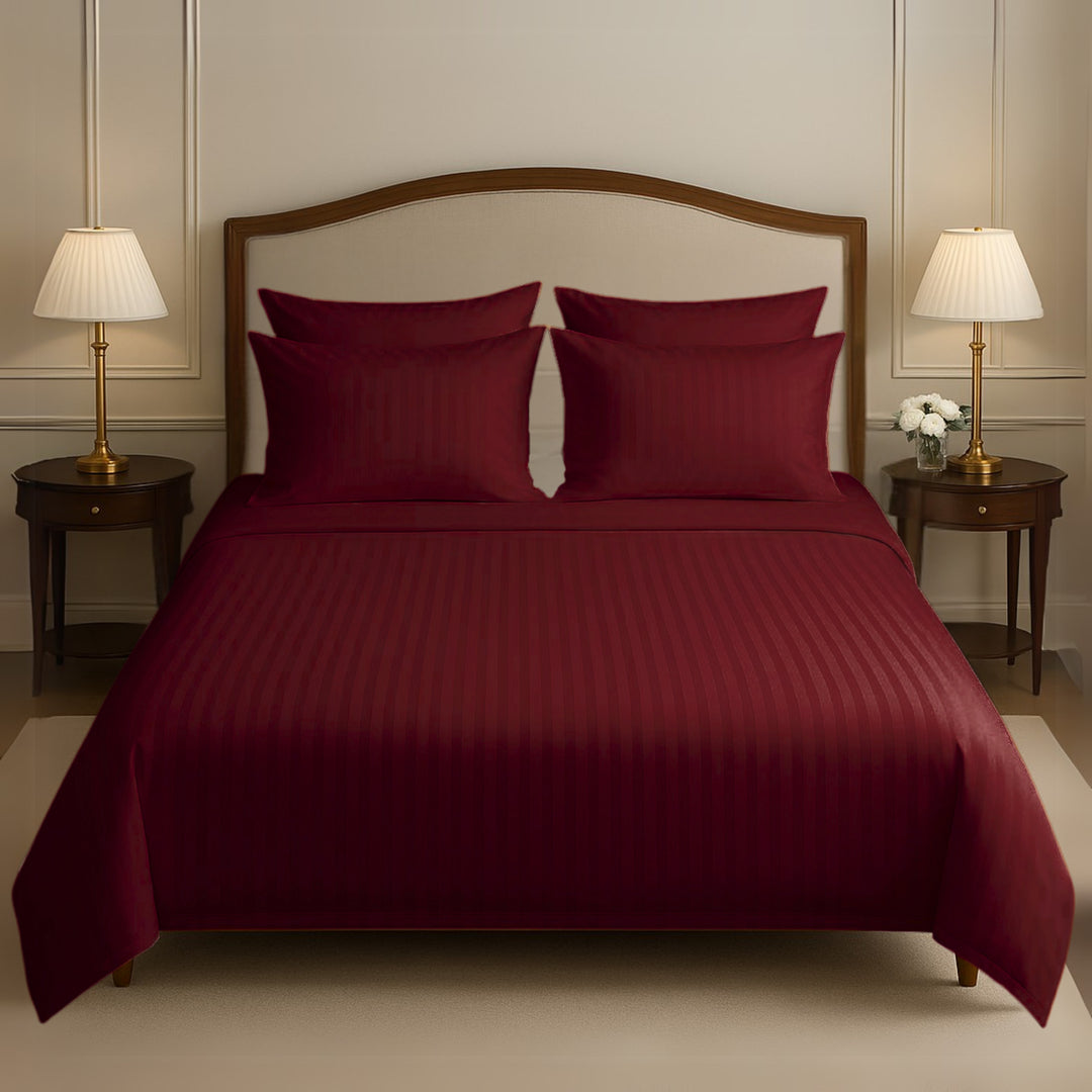 MAROON SATIN STRIPE BEDSHEET SET - 5 PCS