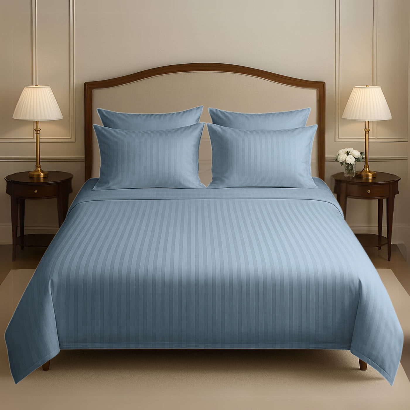 SILVER SATIN STRIPE BEDSHEET SET - 5 PCS