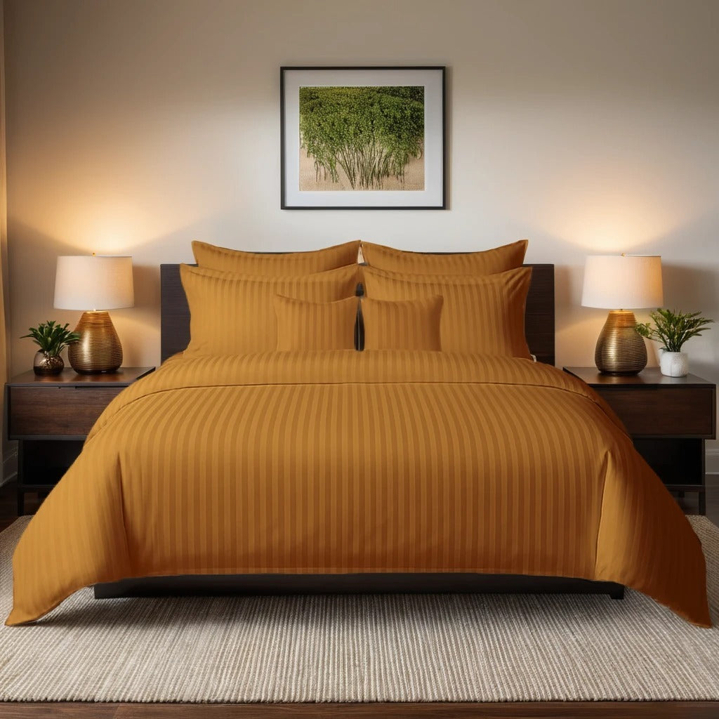 BROWN SATIN STRIPE DUVET COVERS SET 8 PCS