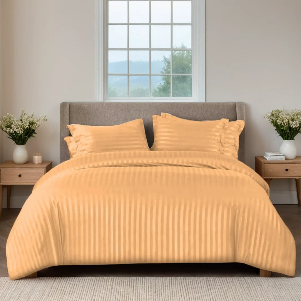 BEIGE SATIN STRIPE BEDSHEET SET - 5 PCS