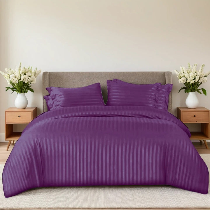 PURPLE SATIN STRIPE BEDSHEET SET - 5 PCS