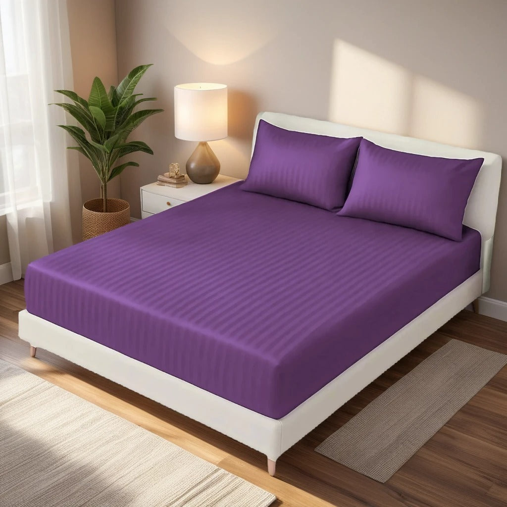 PURPLE  stripe satin fitted bedsheet - (premium)