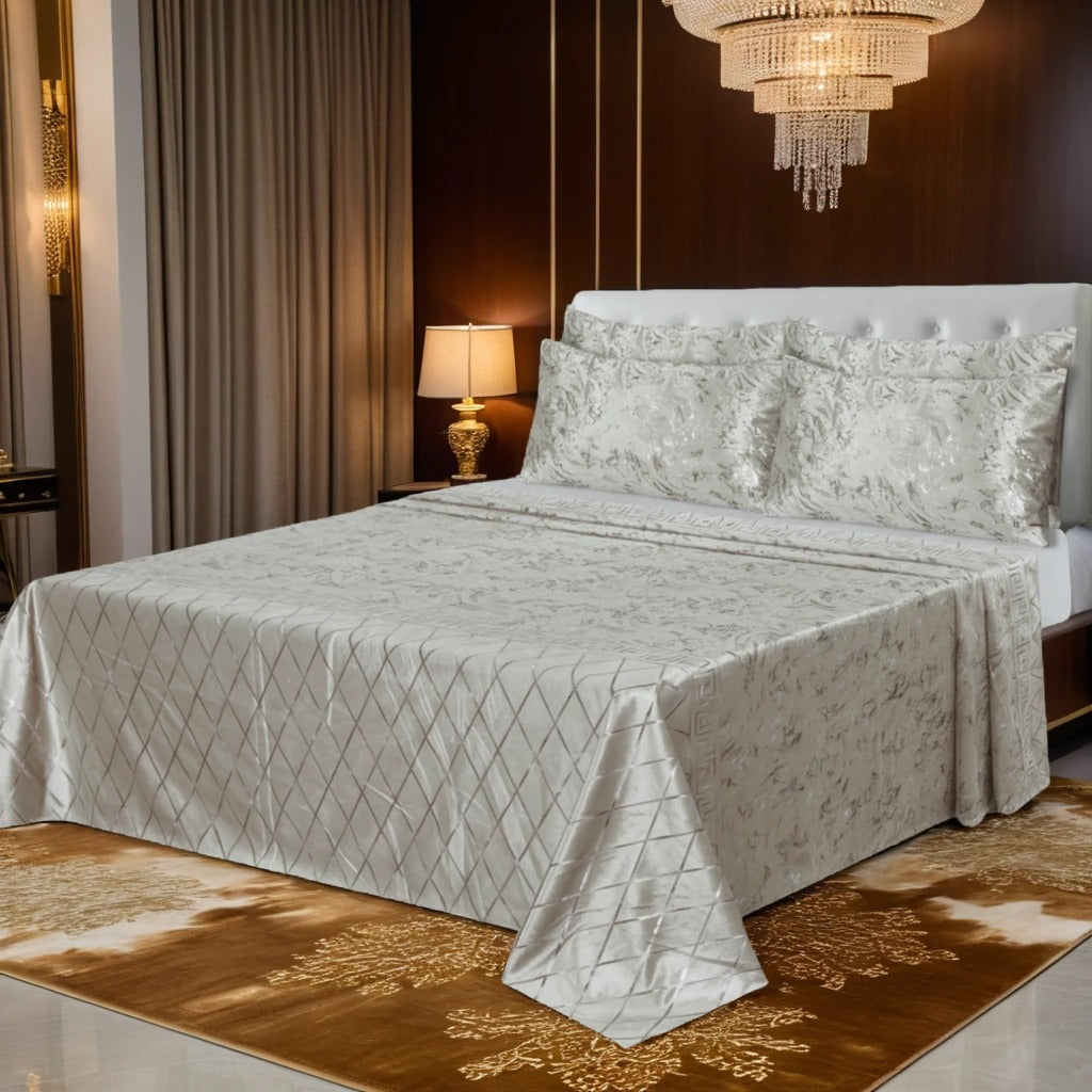 MILITARY/OFF WHITE VELVET BEDSHEET SET - 5 PCS