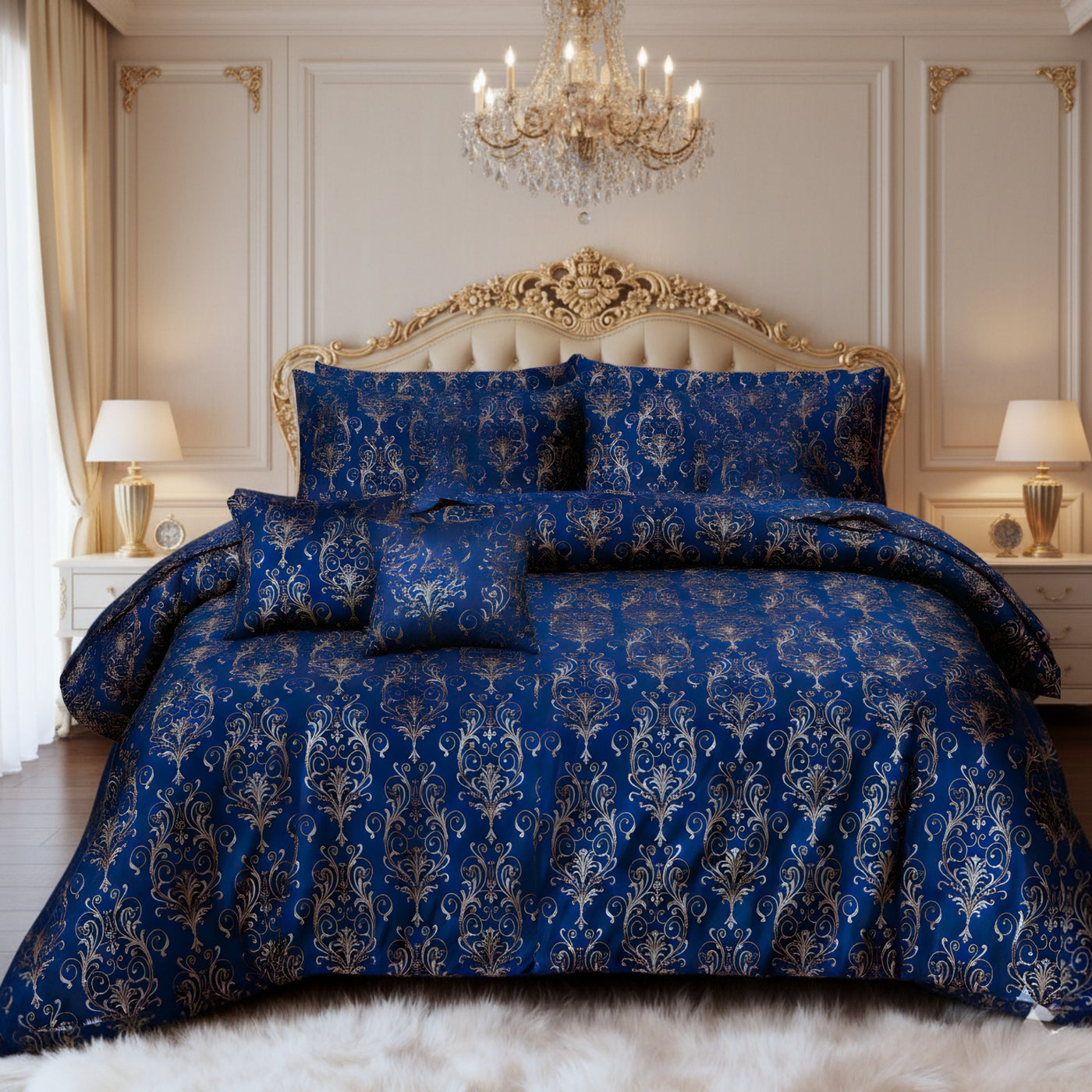 FLOWER/BLUE VELVET DUVET COVERS SET 8 PCS