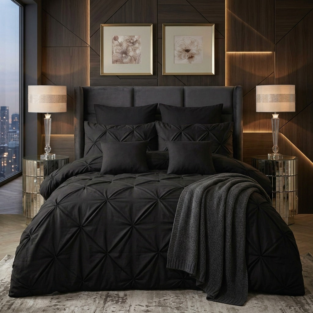 BLACK PINTUCK DUVET COVERS SET 8 PCS