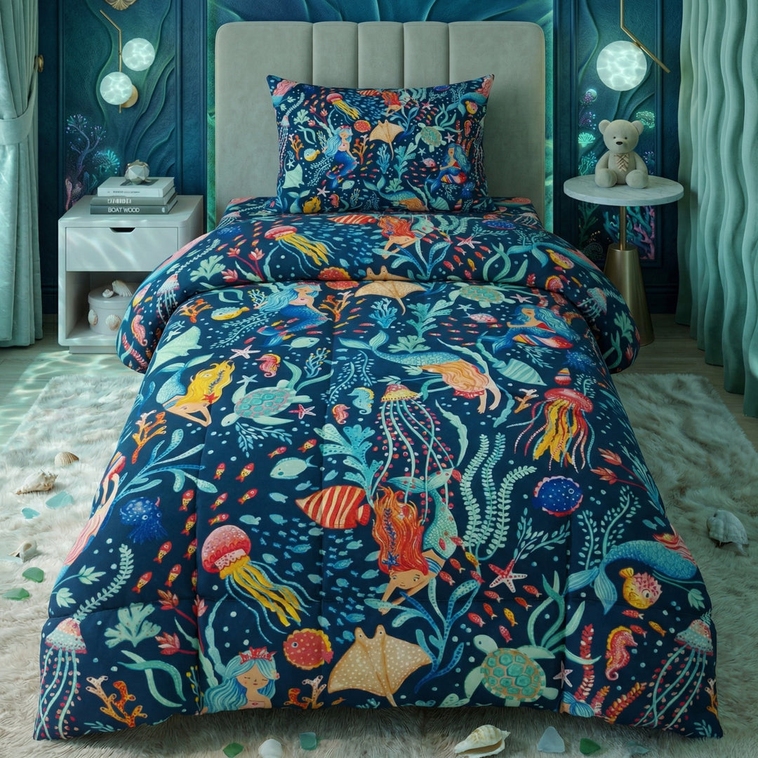 MERMAID BLUE KIDS Comforter Set- 3 Pcs