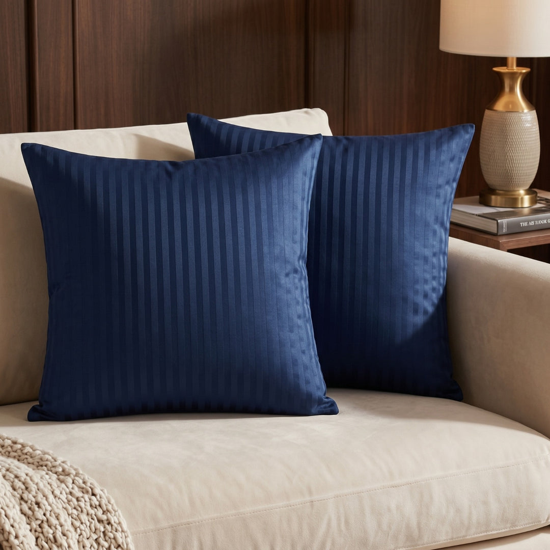 NAVY SATIN STRIPE CUSHION COVER (PACK OF 2)