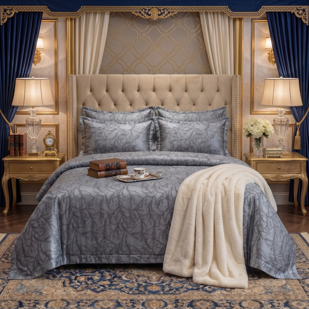 TREE/L.GREY VELVET BEDSHEET SET - 5 PCS