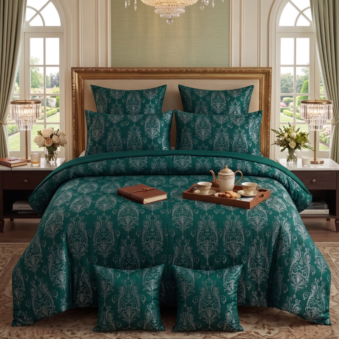 FLOWER/GREEN VELVET DUVET COVERS SET 8 PCS