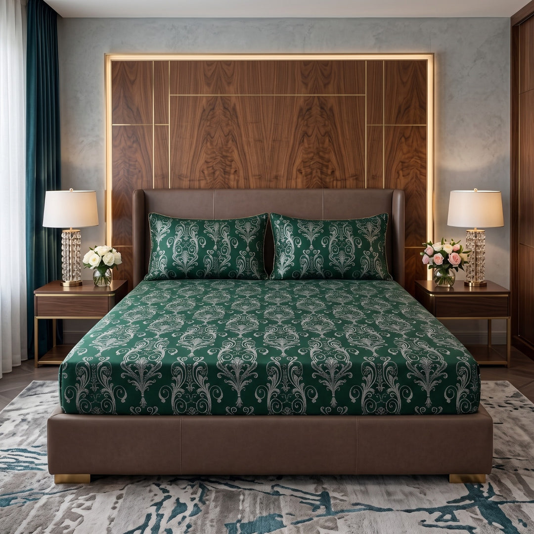 FLOWER/GREEN VELVET fitted bedsheet - (premium)