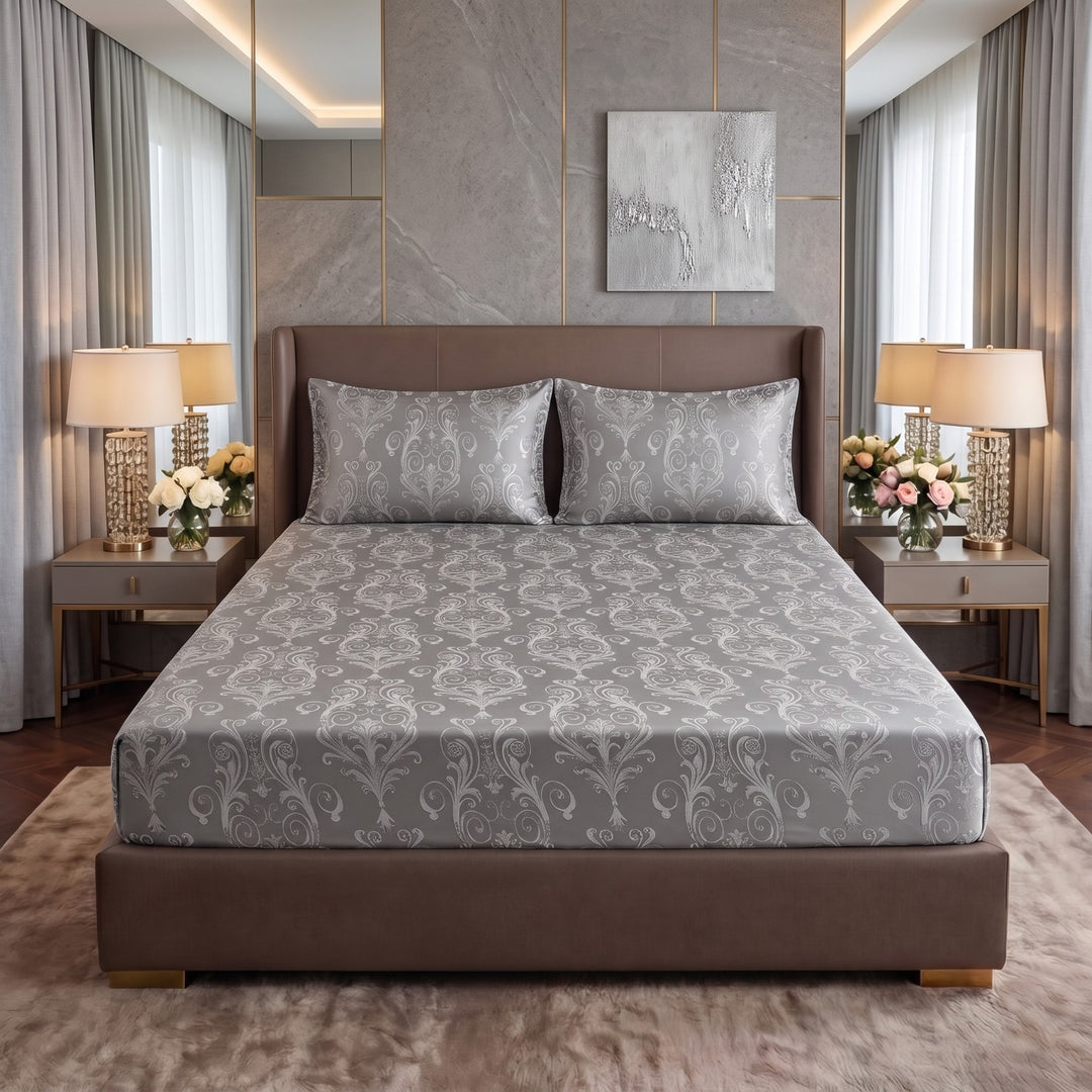 FLOWER/SILVER VELVET fitted bedsheet - (premium)