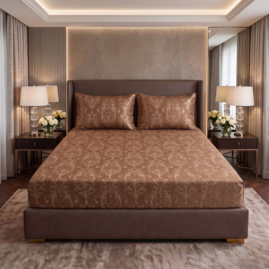 FLOWER/L.BROWN VELVET fitted bedsheet - (premium)