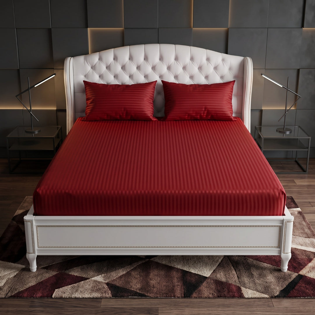 RED stripe satin fitted bedsheet - (premium)