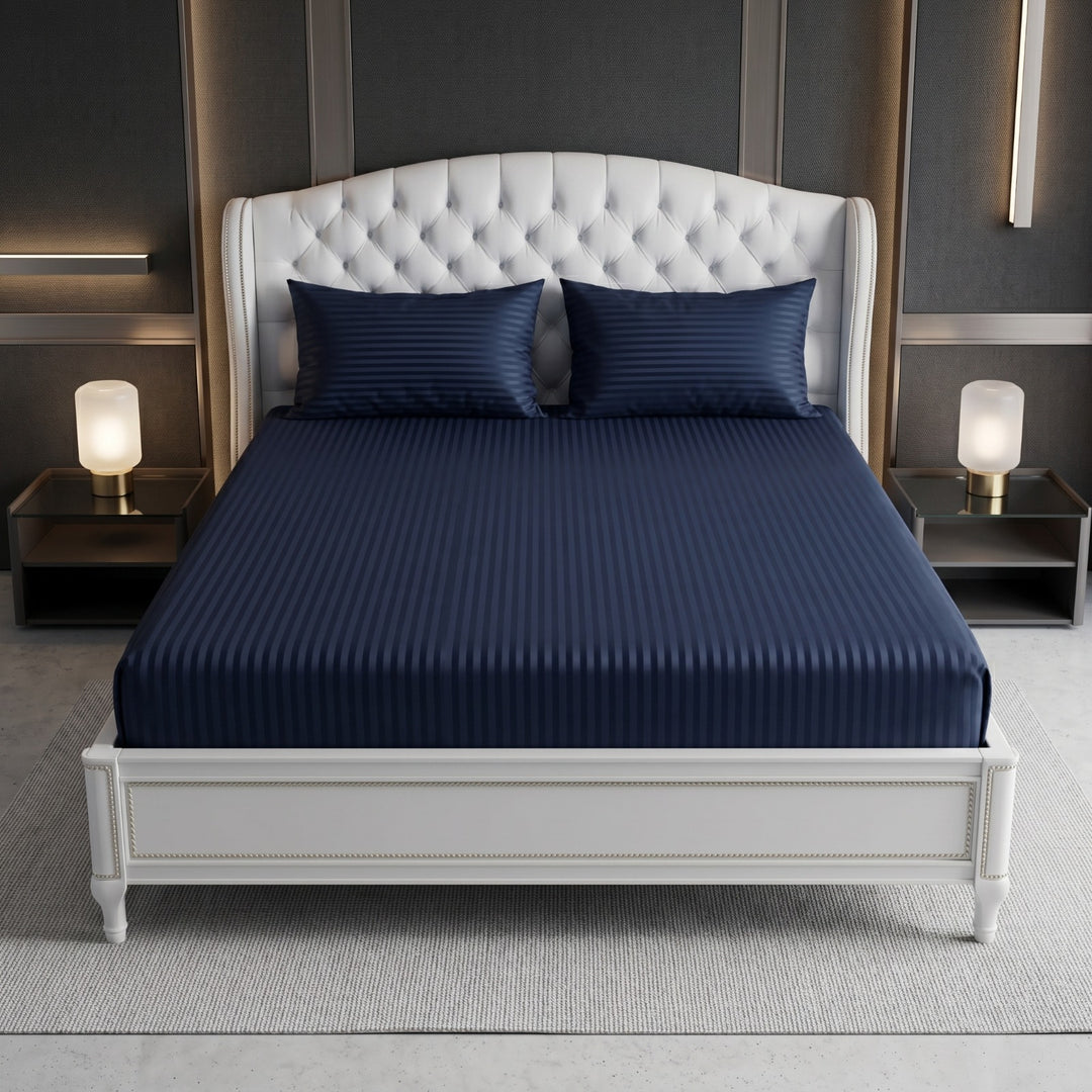 NAVY stripe satin fitted bedsheet - (premium)