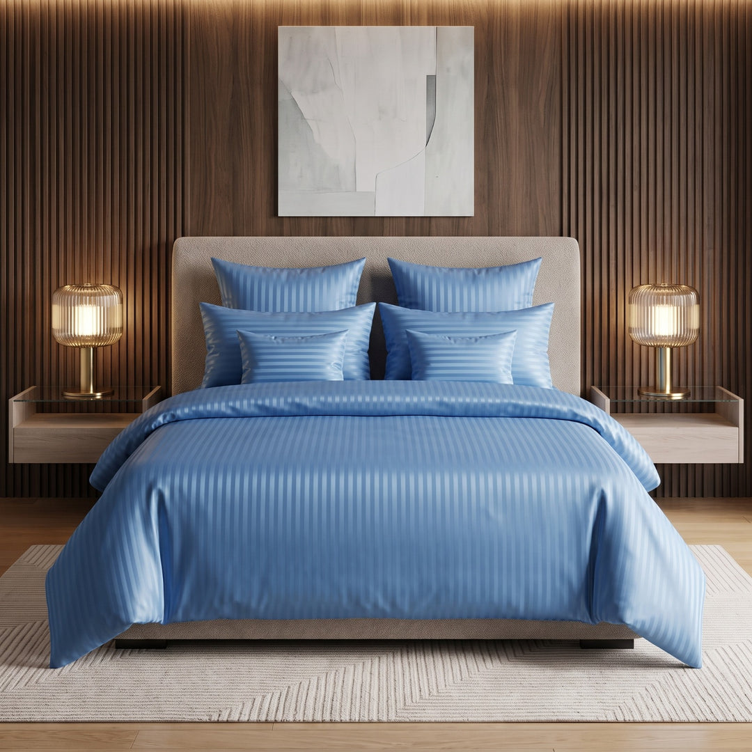 DUSTY BLUE SATIN STRIPE DUVET COVERS SET 8 PCS