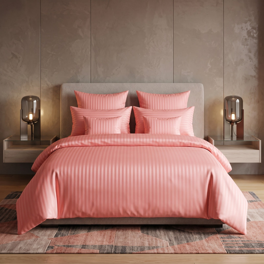 PEACH SATIN STRIPE DUVET COVERS SET 8 PCS