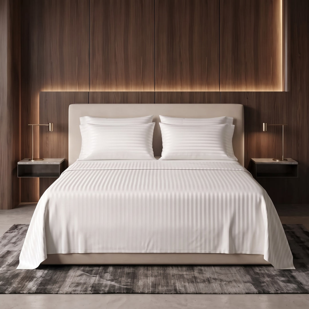 IVORY SATIN STRIPE BEDSHEET SET - 5 PCS