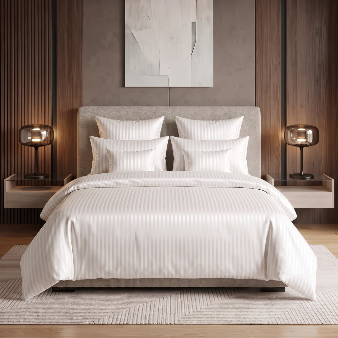 IVORY SATIN STRIPE DUVET COVERS SET 8 PCS