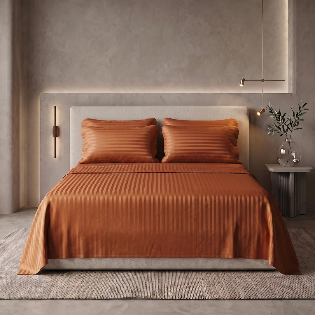 COPPER SATIN STRIPE BEDSHEET SET - 5 PCS