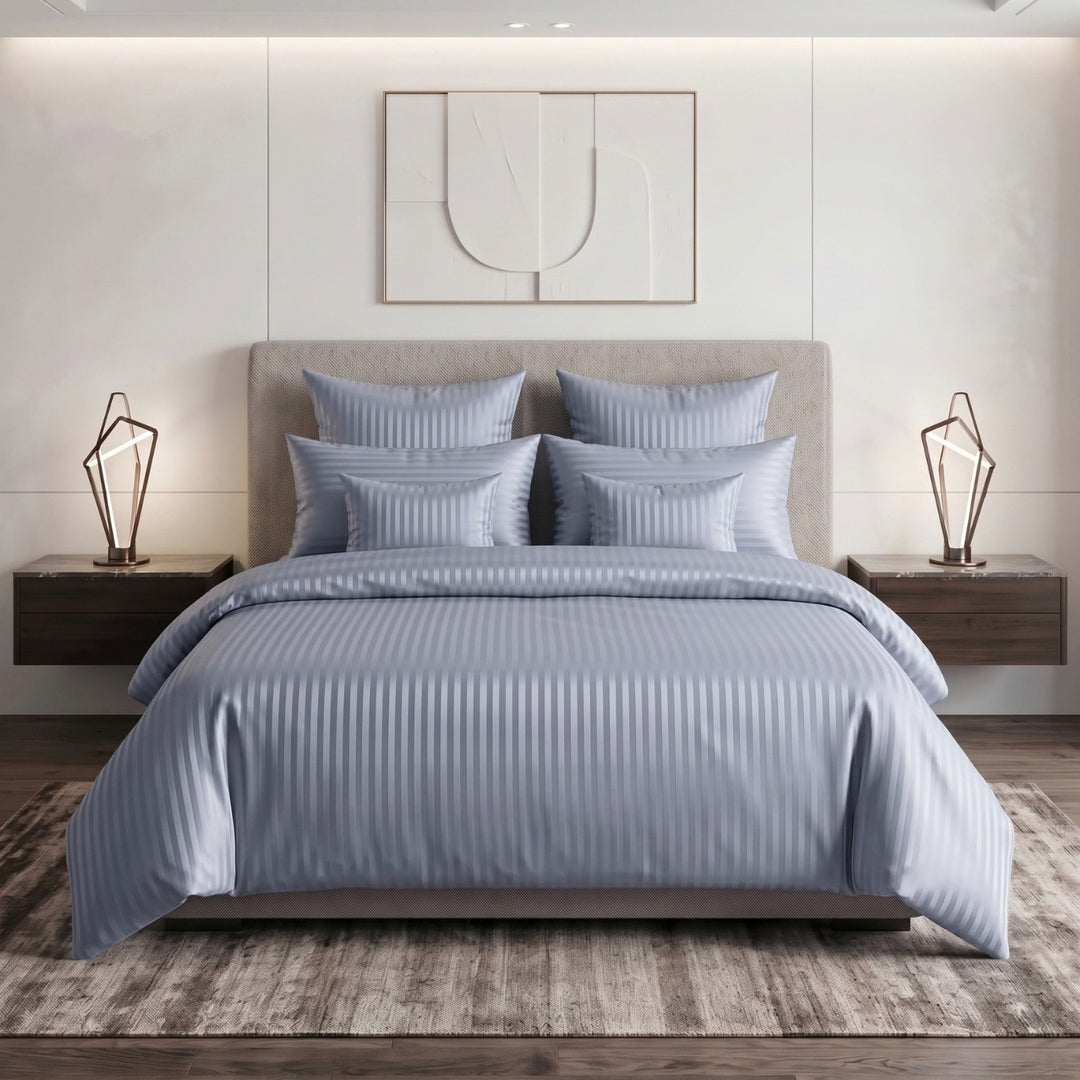 SILVER SATIN STRIPE DUVET COVERS SET 8 PCS