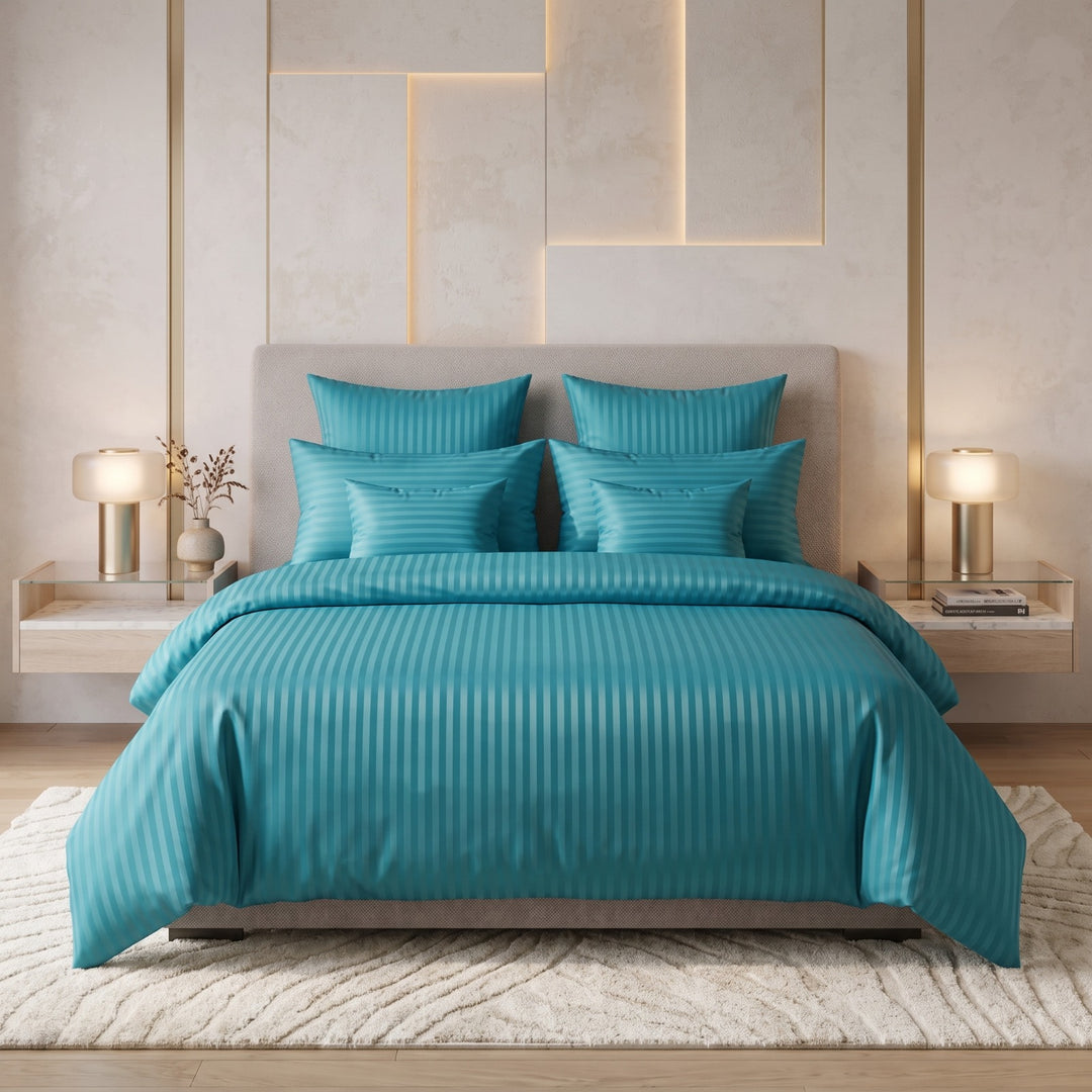 TURQUOISE BLUE SATIN STRIPE DUVET COVERS SET 8 PCS