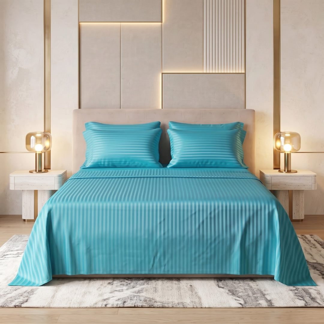 TURQUOISE BLUE SATIN STRIPE BEDSHEET SET - 5 PCS