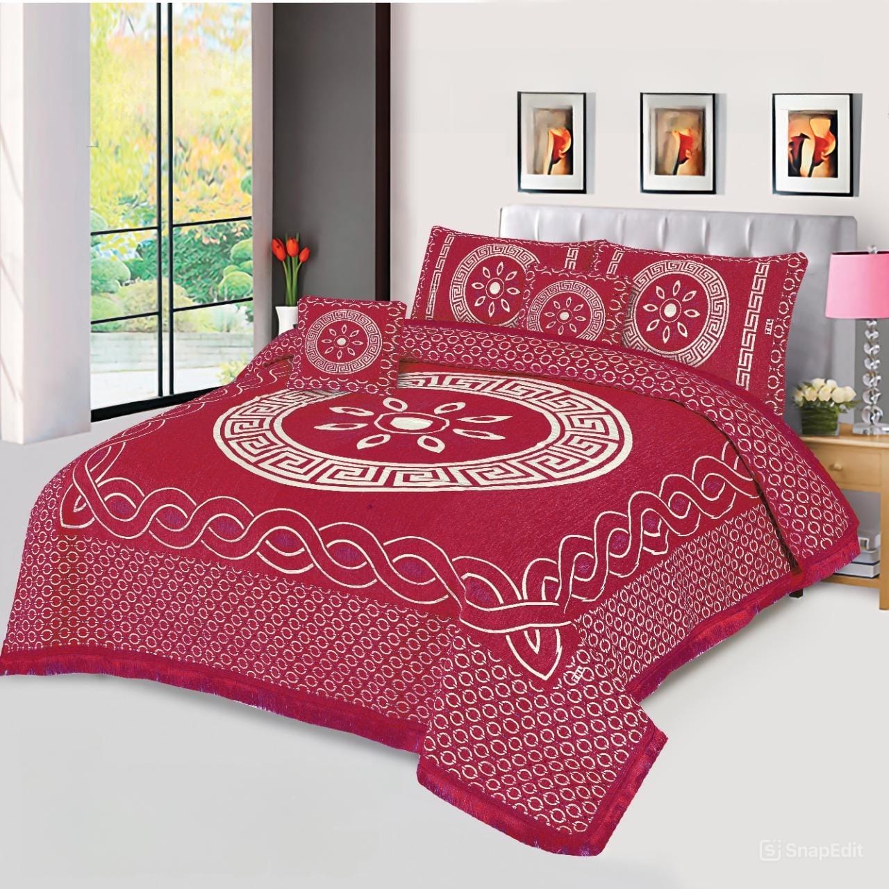 JACQUARD LUXURY RED BEDSHEET SET- 5 PCS