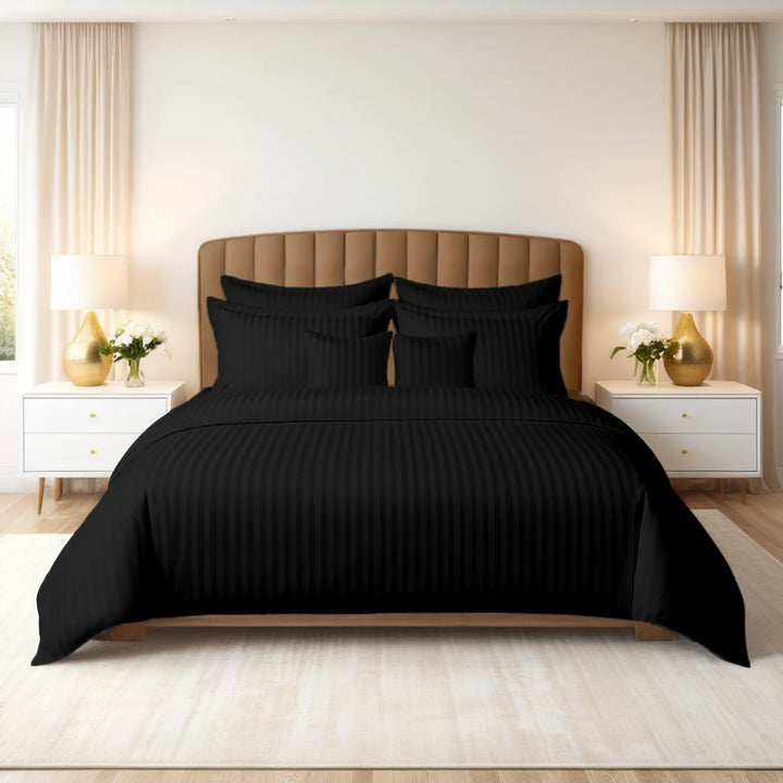 BLACK SATIN STRIPE DUVET COVERS SET 8 PCS