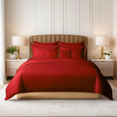 RED SATIN STRIPE DUVET COVERS SET 8 PCS