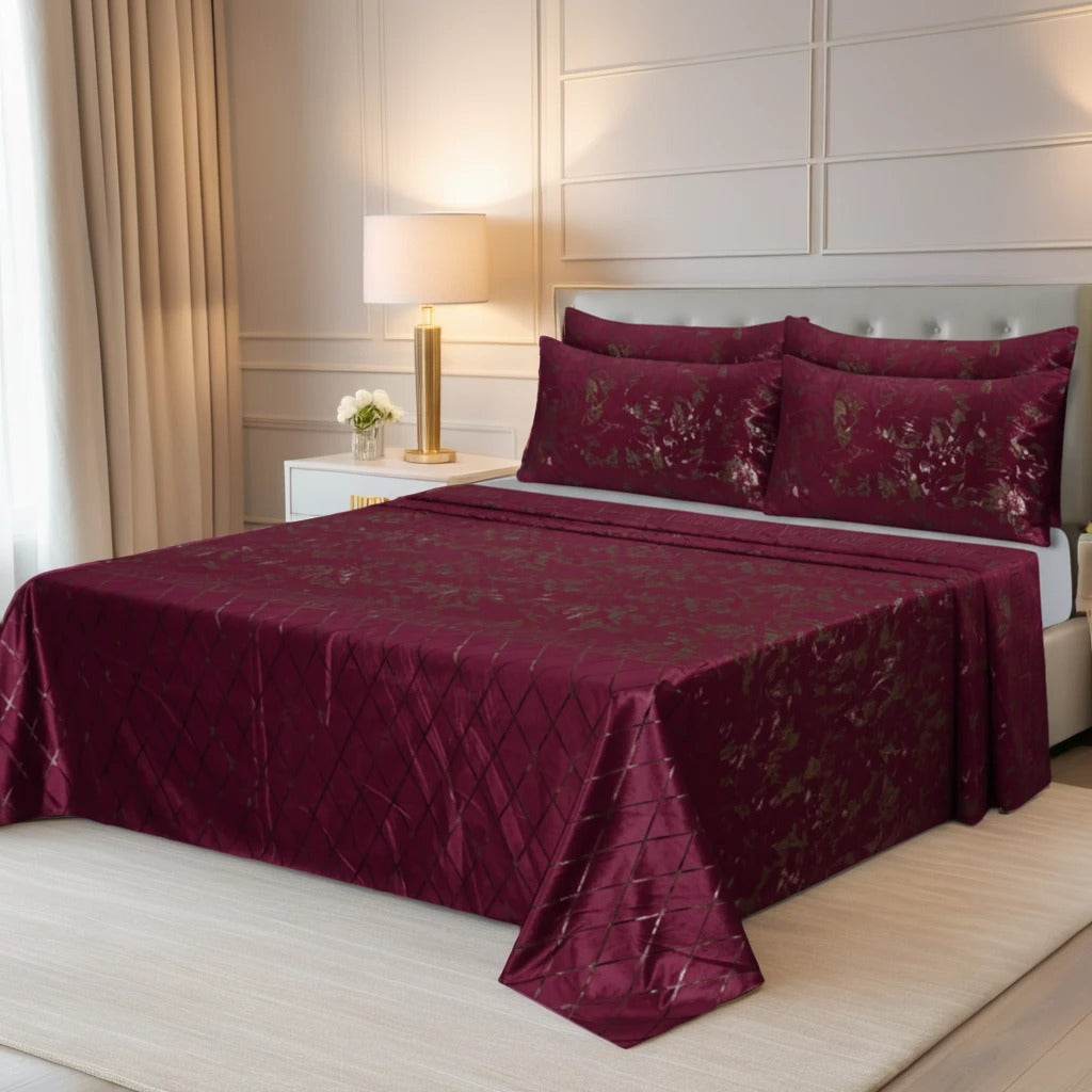 MAROON VELVET BEDSHEET SET - 5 PCS