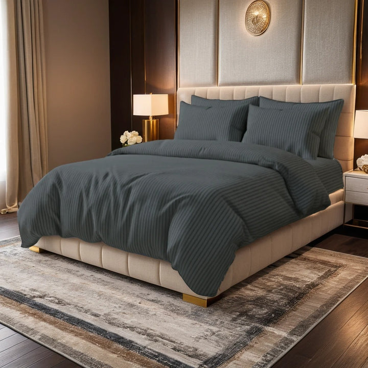 GREY SATIN STRIPE BEDSHEET SET - 5 PCS