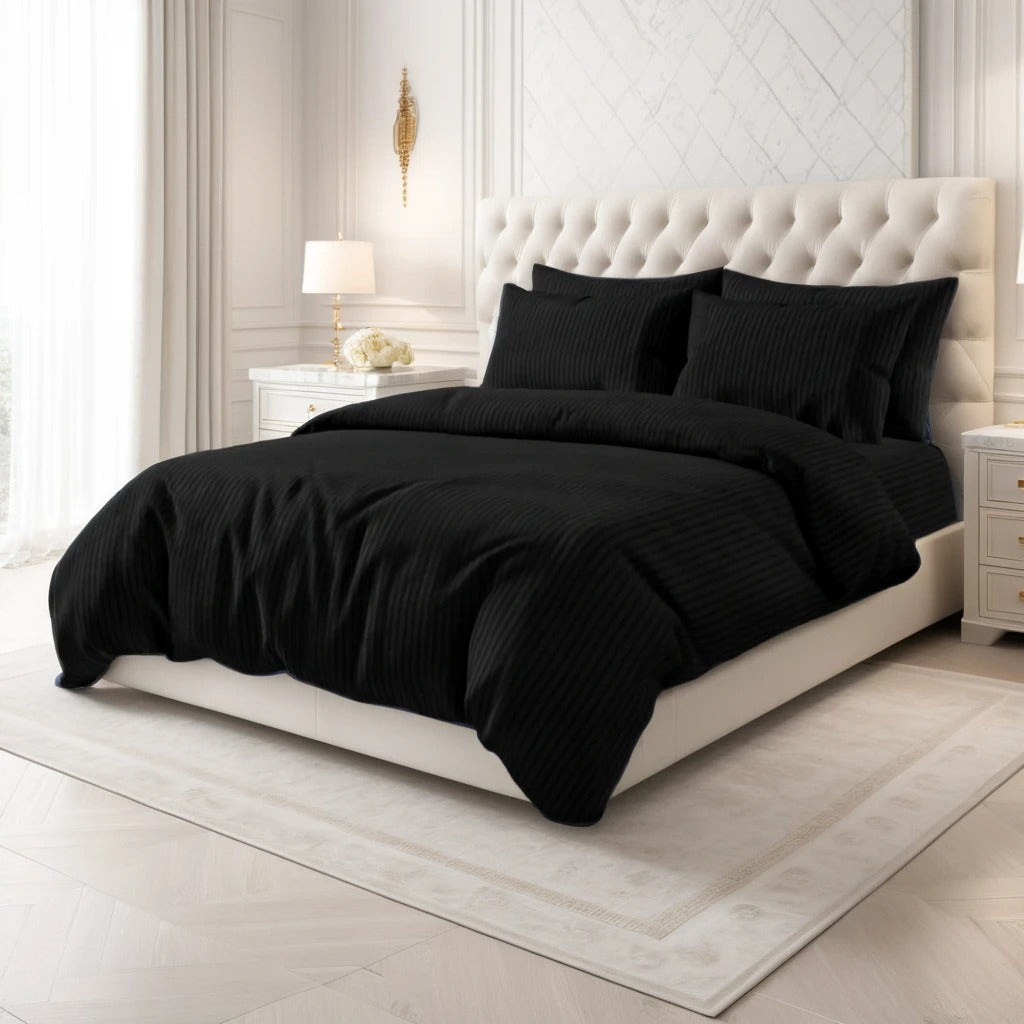 BLACK SATIN STRIPE BEDSHEET SET - 5 PCS