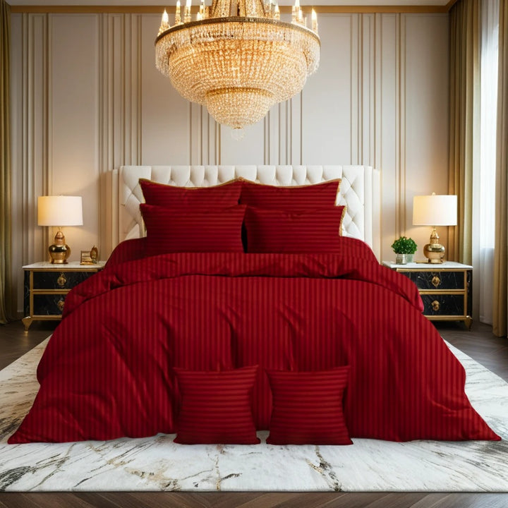 RED SATIN STRIPE DUVET COVERS SET 8 PCS