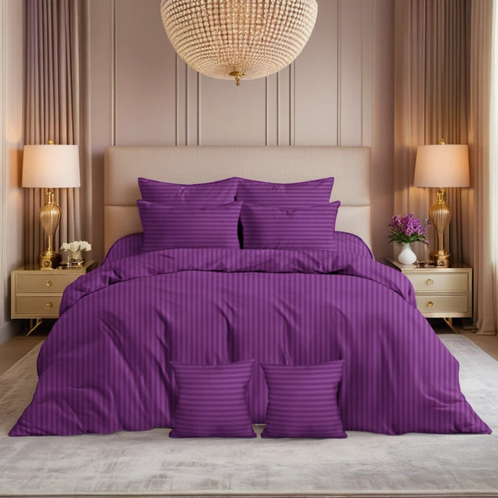 PURPLE SATIN STRIPE DUVET COVERS SET 8 PCS