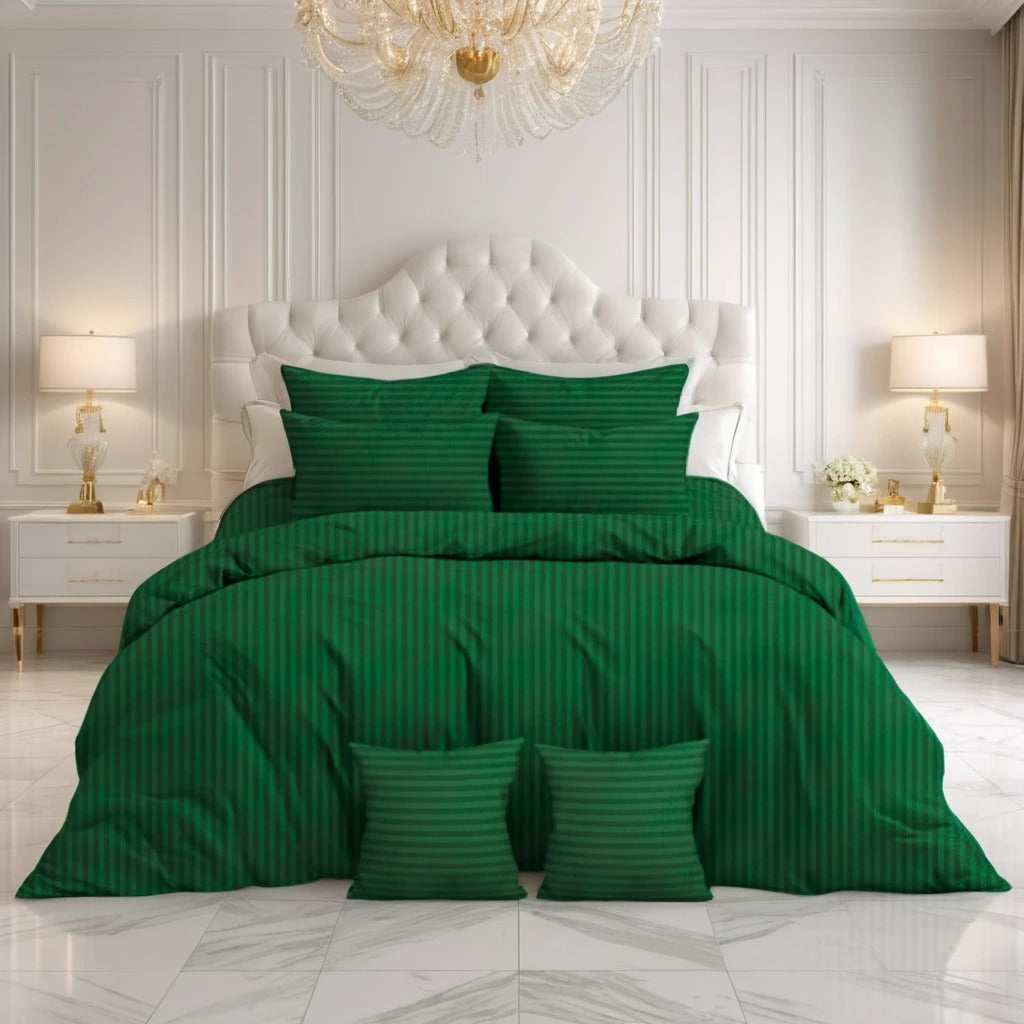 GREEN SATIN STRIPE DUVET COVERS SET 8 PCS