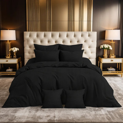 BLACK SATIN STRIPE DUVET COVERS SET 8 PCS