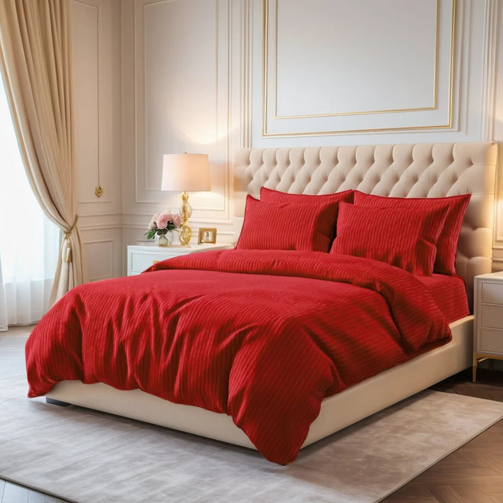 RED SATIN STRIPE BEDSHEET SET - 5 PCS