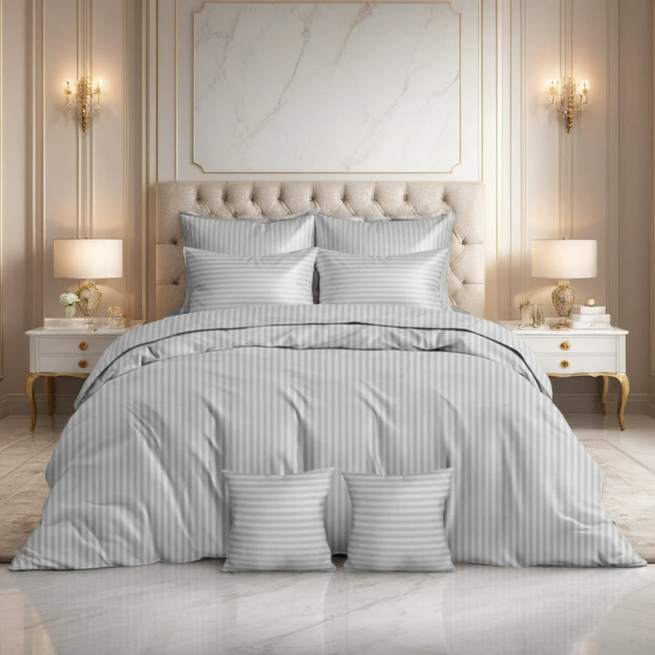 SILVER SATIN STRIPE DUVET COVERS SET 8 PCS