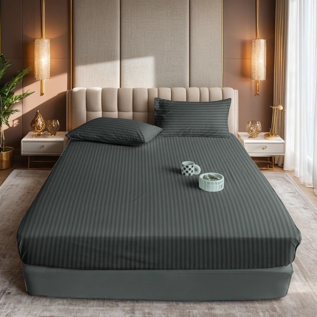 grey stripe satin fitted bedsheet - (premium)