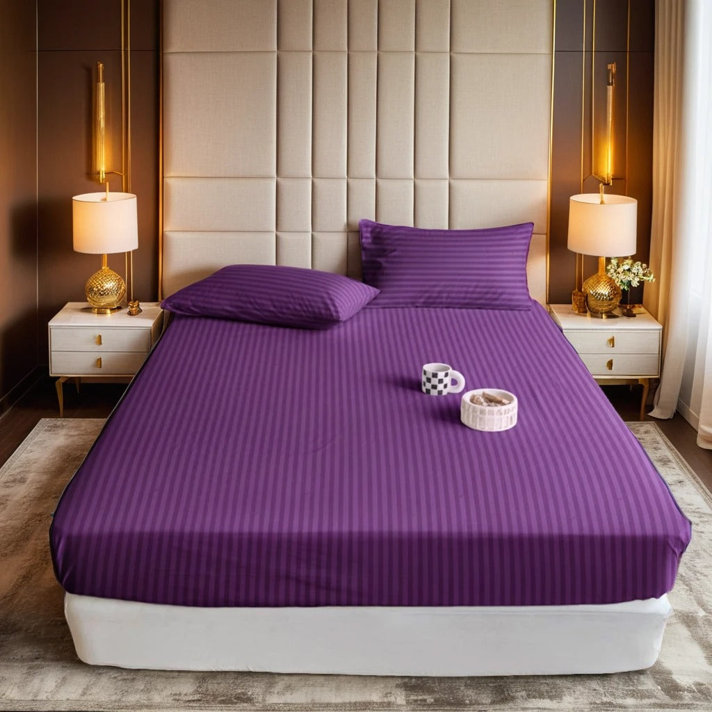 PURPLE  stripe satin fitted bedsheet - (premium)