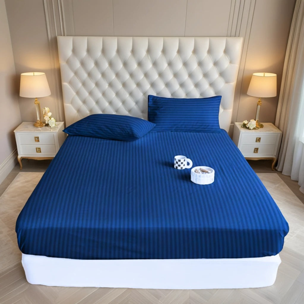 NAVY stripe satin fitted bedsheet - (premium)