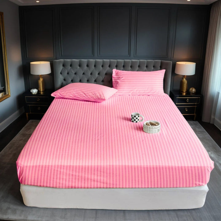 PINK stripe satin fitted bedsheet - (premium)