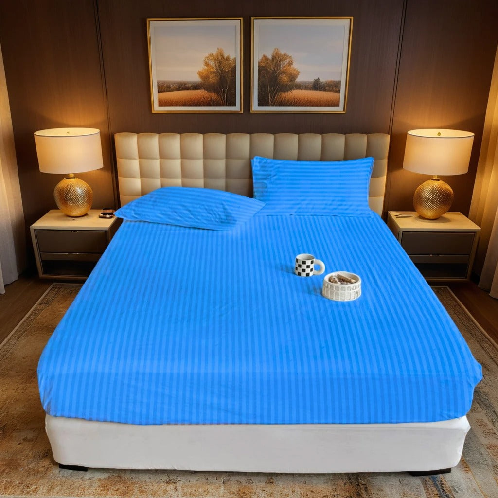 BLUE stripe satin fitted bedsheet - (premium)