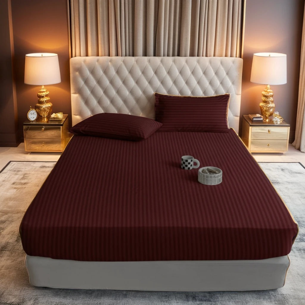MAROON stripe satin fitted bedsheet - (premium)