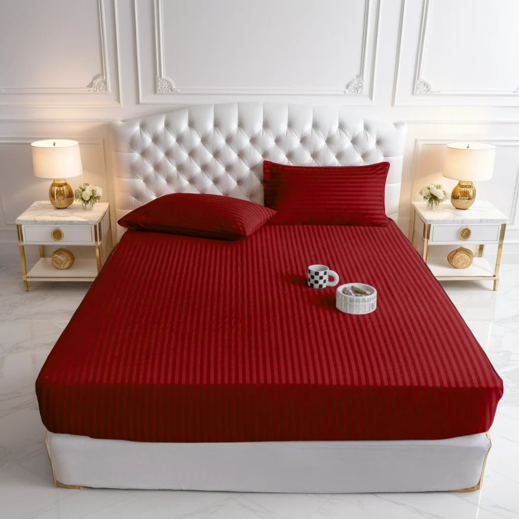 RED stripe satin fitted bedsheet - (premium)