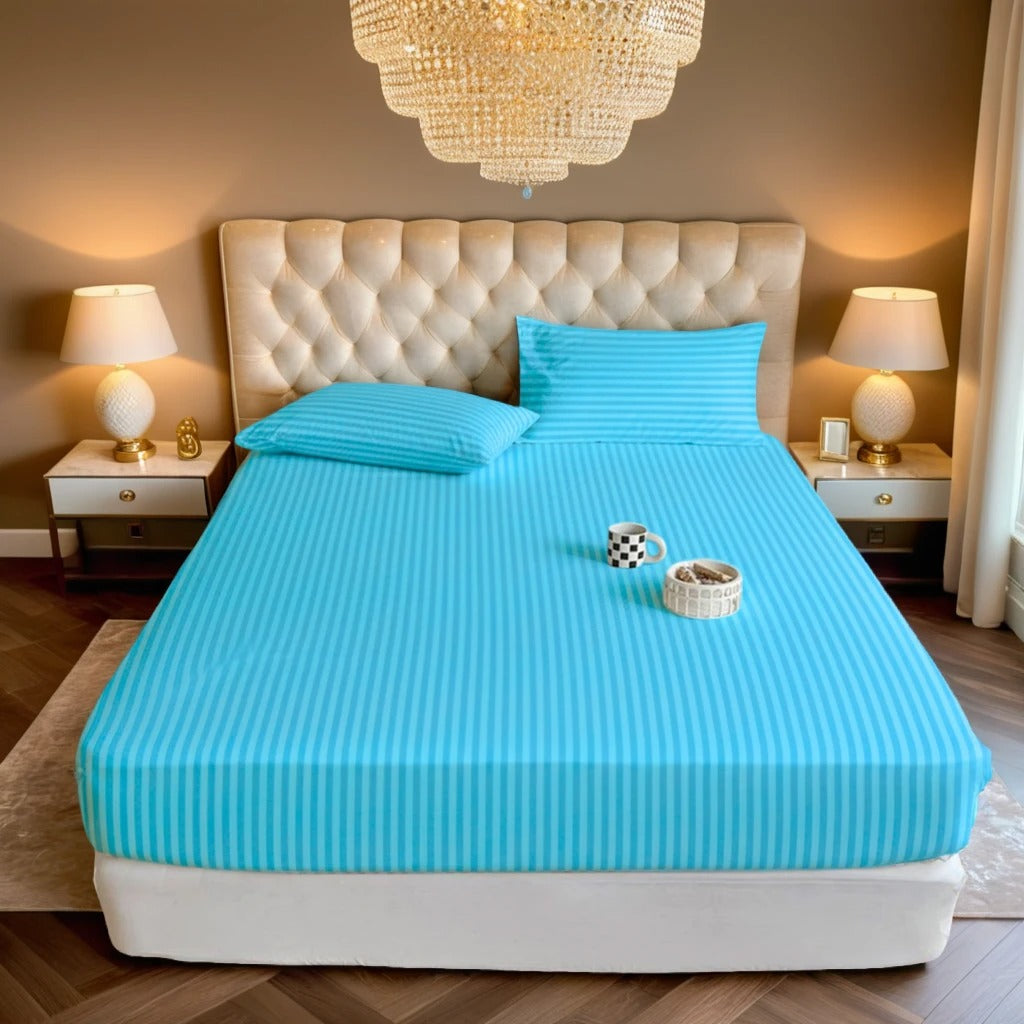 MINT stripe satin fitted bedsheet - (premium)